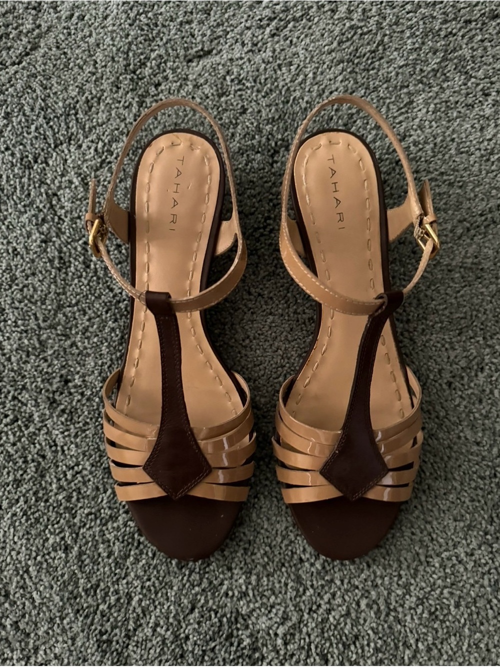 Tahari Brown and Tan Strappy Slingback Sandals